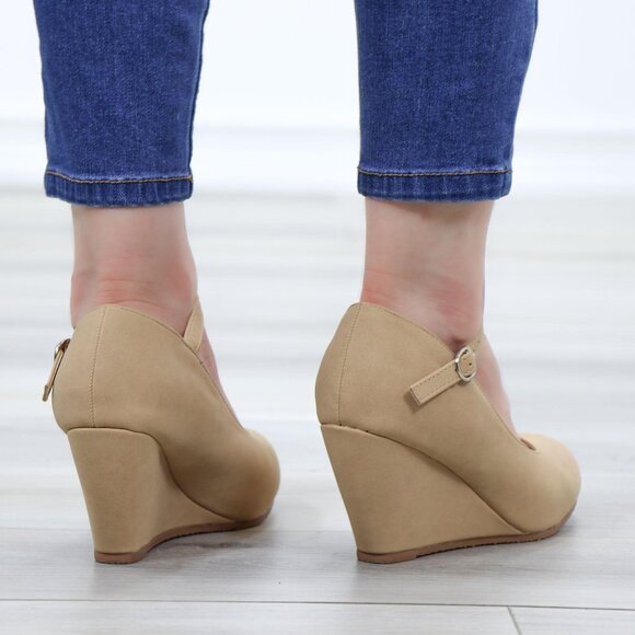 Faux Nubuck Leather Low Wedge Classy Heel - Picture 6 of 13